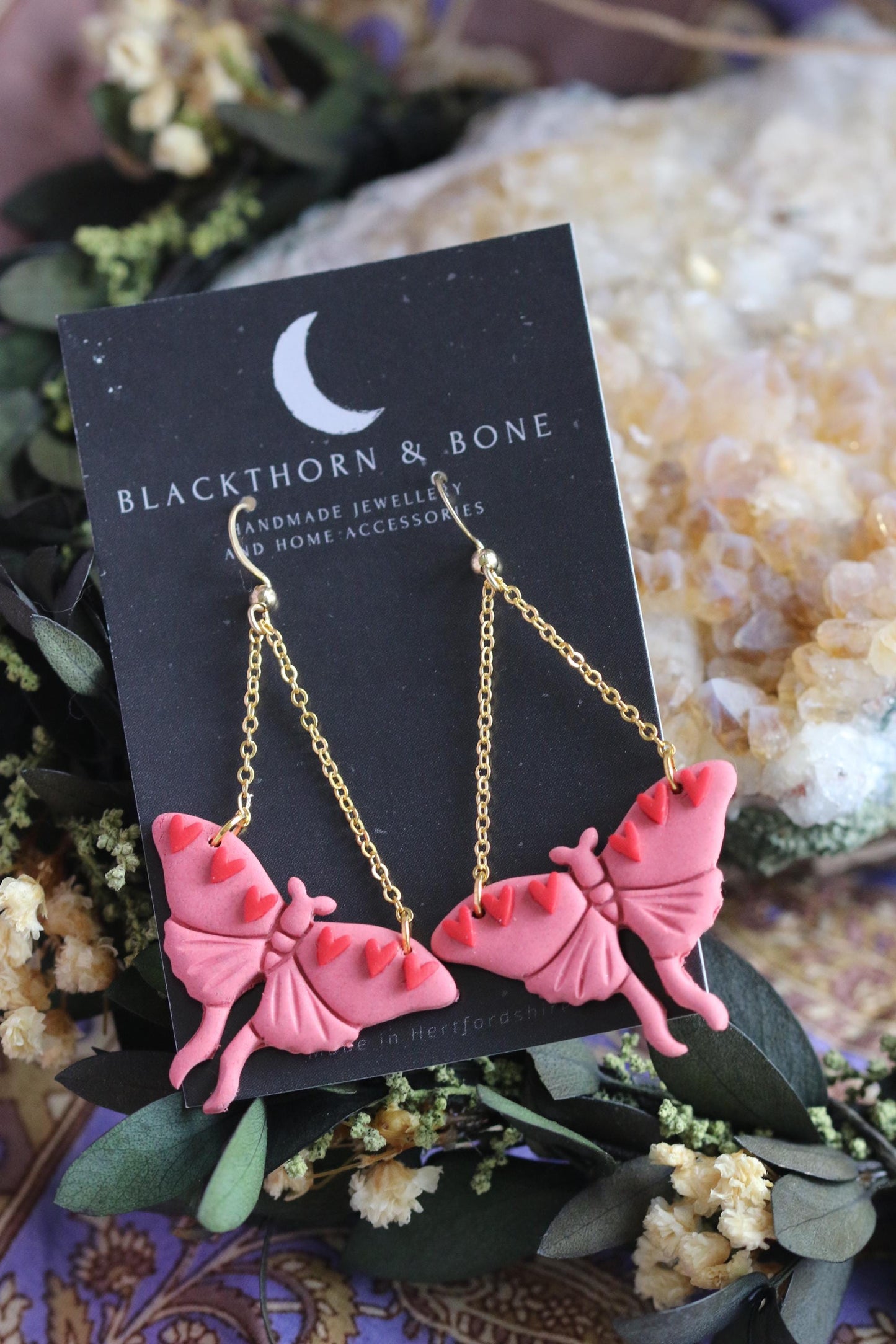 Pink Valentines Moth Earrings with Heart and Chain Details