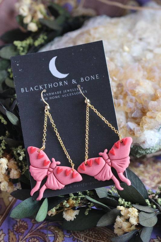 Pink Valentines Moth Earrings with Heart and Chain Details