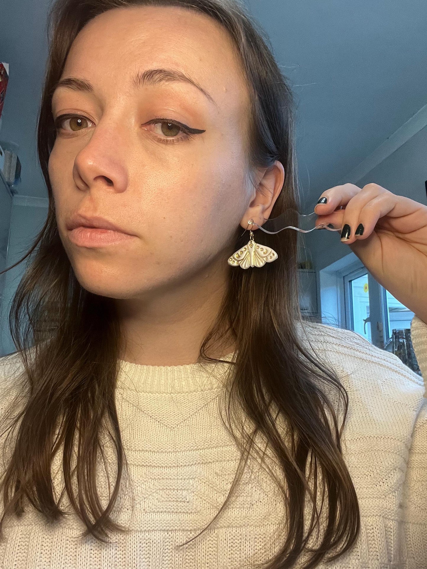 Pearlescent White Moth Embossed Statement Earrings
