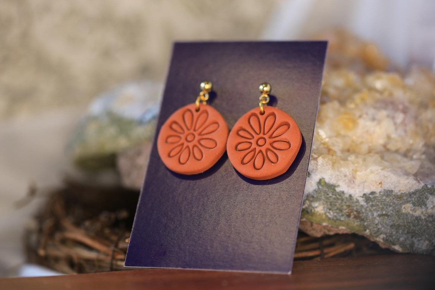 Simple Boho Terracotta Polymer Clay Earrings - Handmade Brown Earrings with Embossed Pattern