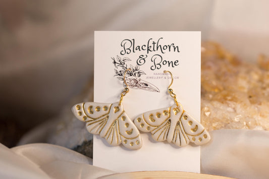 Pearlescent White Moth Embossed Statement Earrings