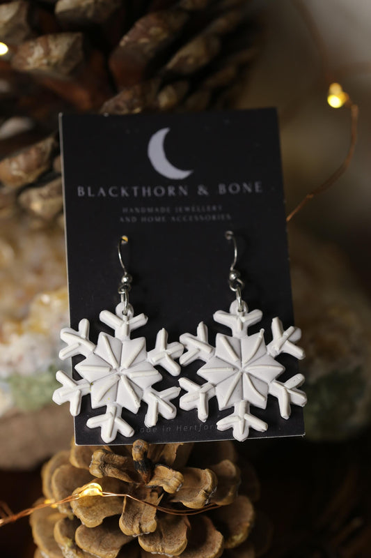 Handmade Detailed Snowflake Earrings - Polymer Clay Jewelry for Christmas, Winter and Yule Jewellery