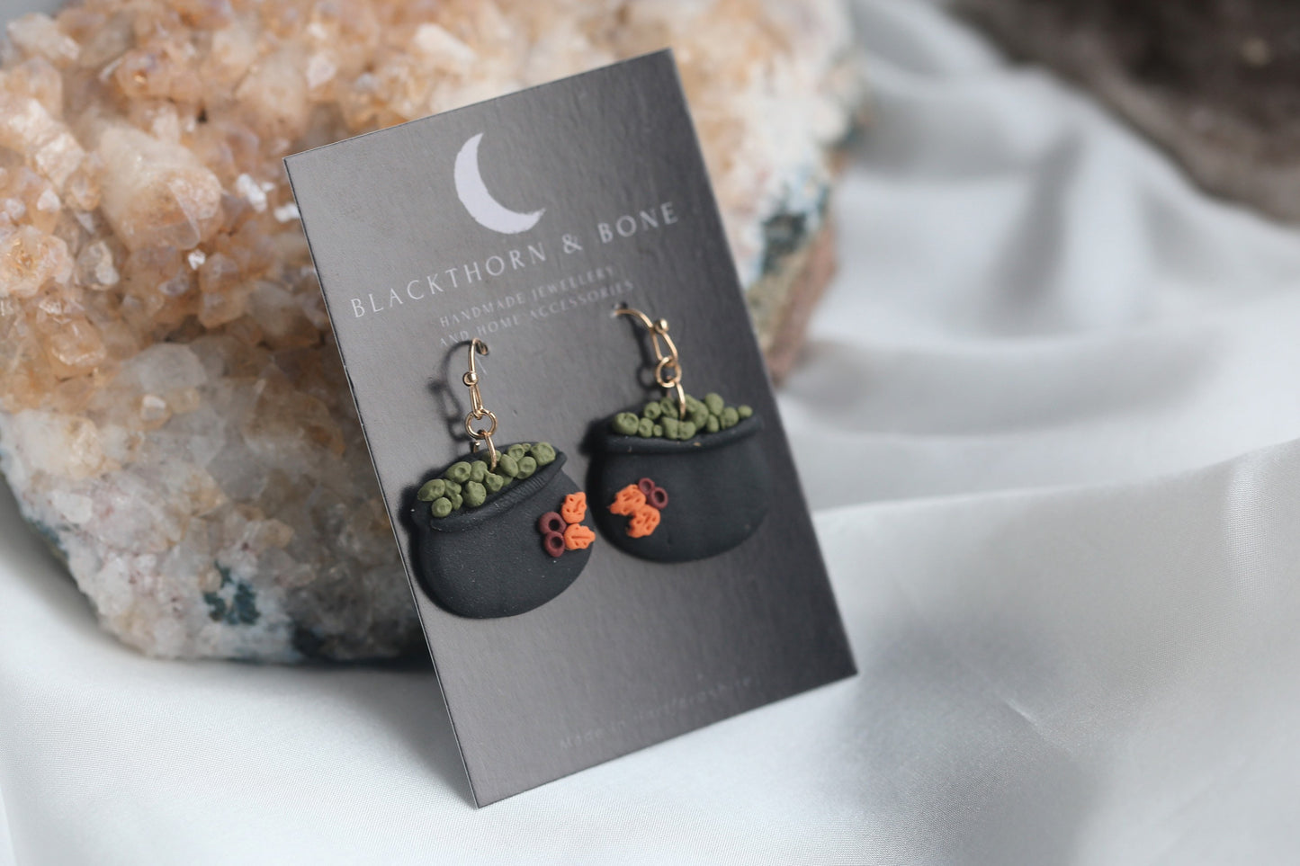 Handmade Witch Cauldron Earrings with Leaf and Berry Design