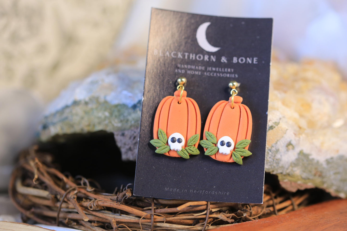 Long Pumpkin with Skull Earrings