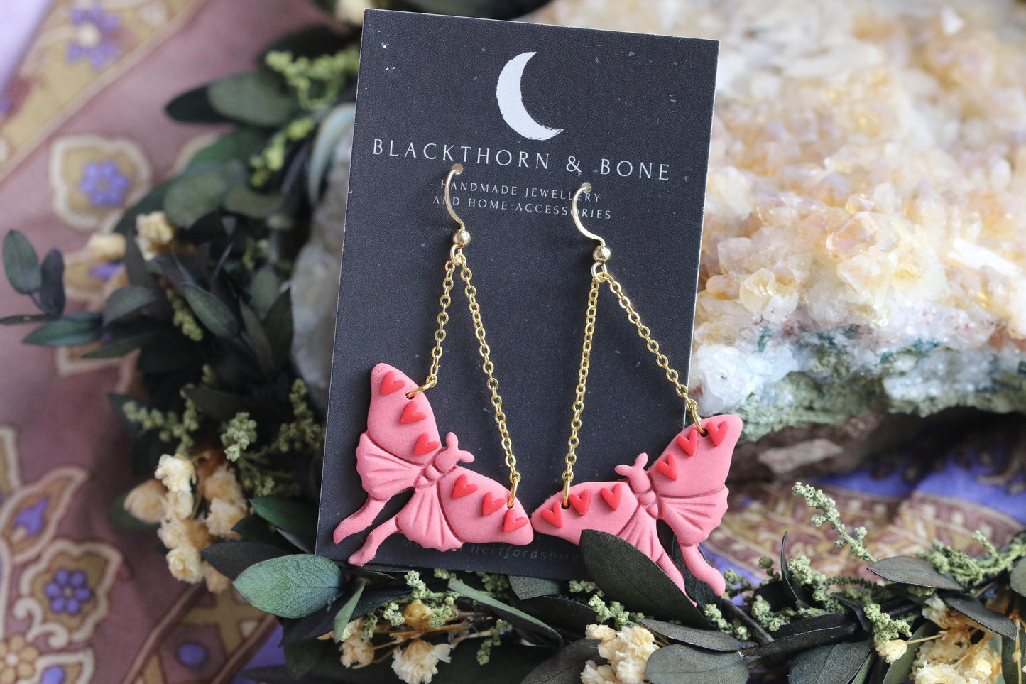 Pink Valentines Moth Earrings with Heart and Chain Details