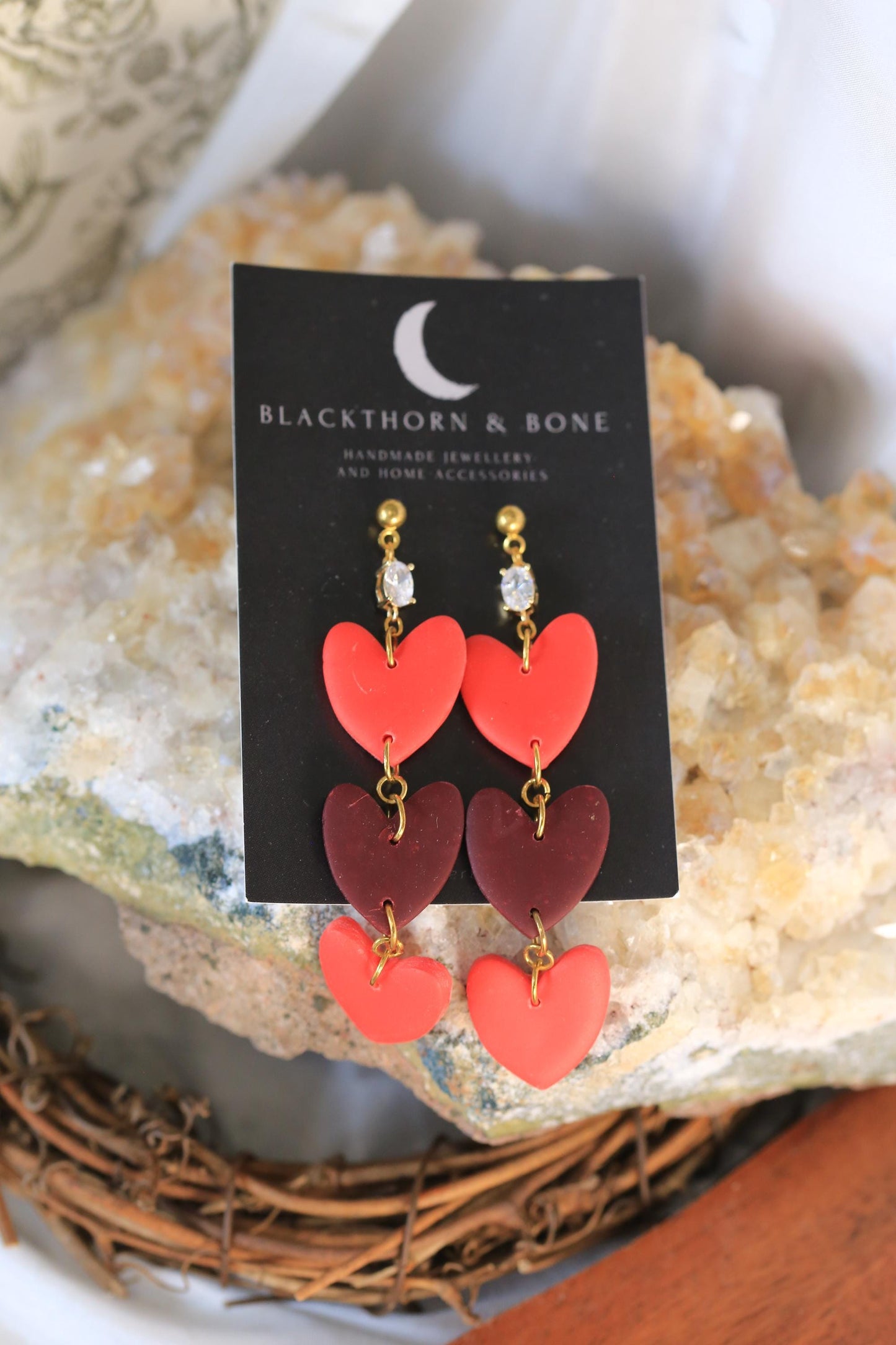 Statement Dangle Heart Earrings with Cubic Zirconia and Brass Studs