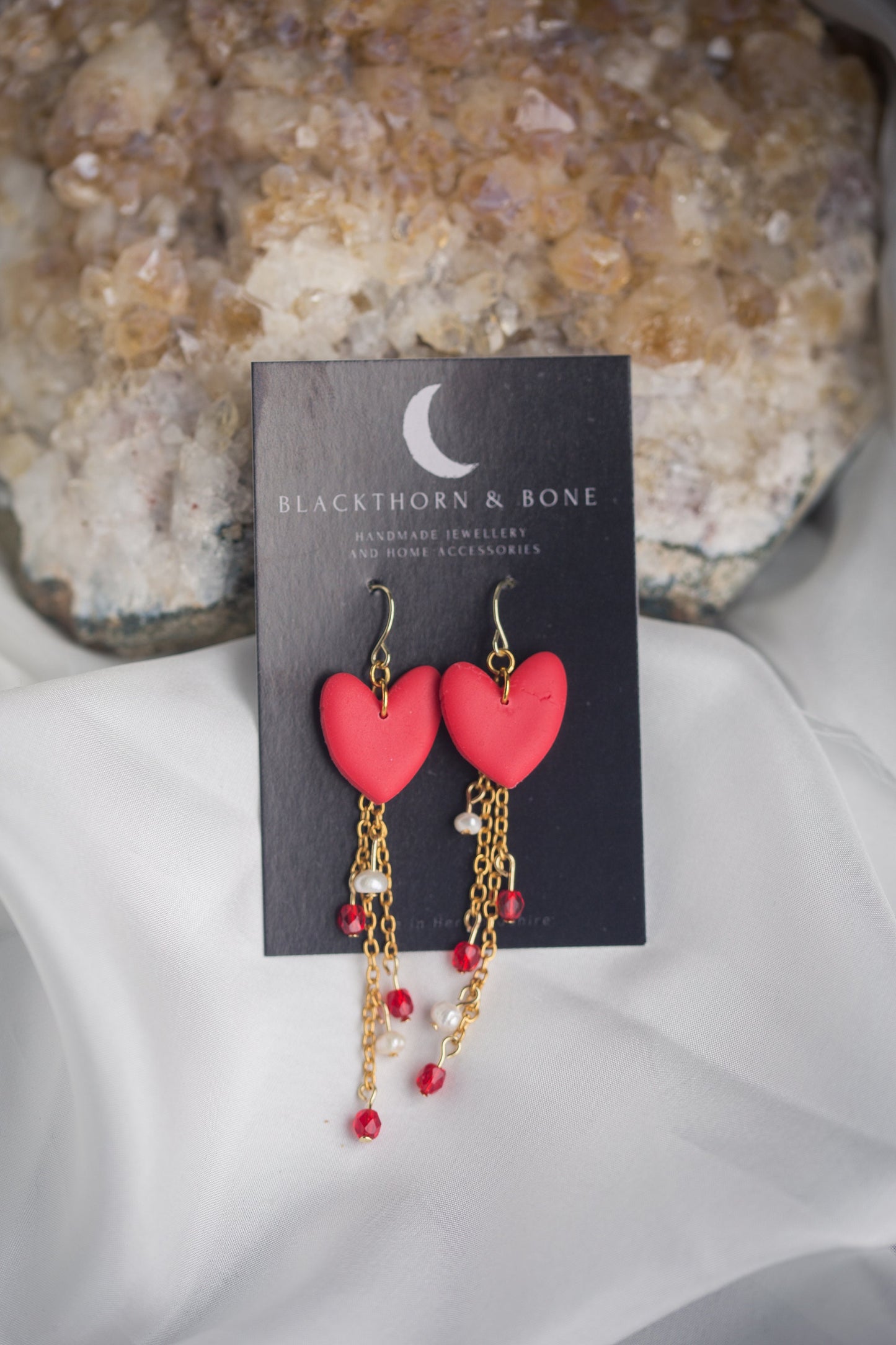 Clay Heart Earrings with Chain, Pearl and Crystal beads