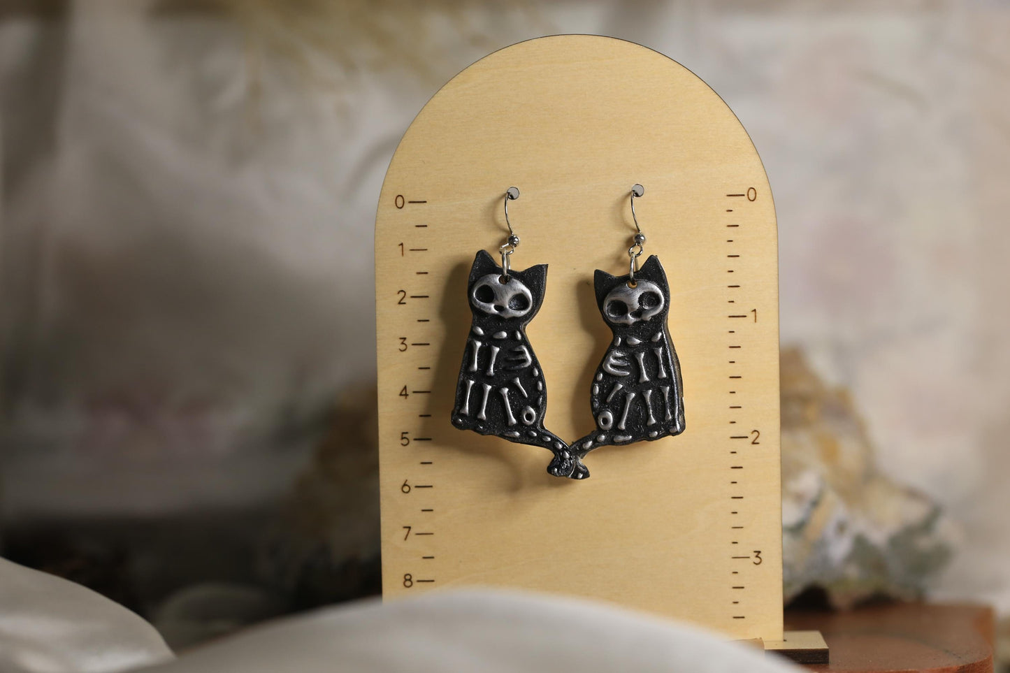 Black and Silver Skeleton Cat Earrings