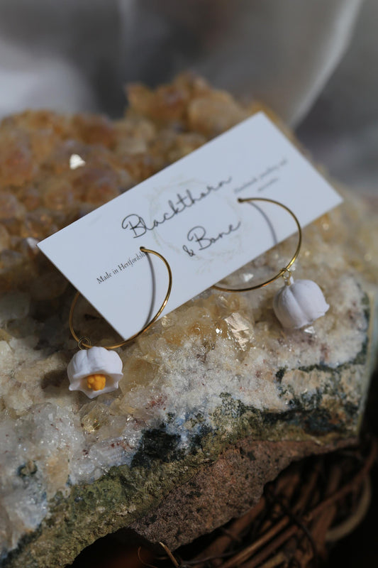 White Lily of the Valley Clay Hoop Earrings with Gold Steel Hoop