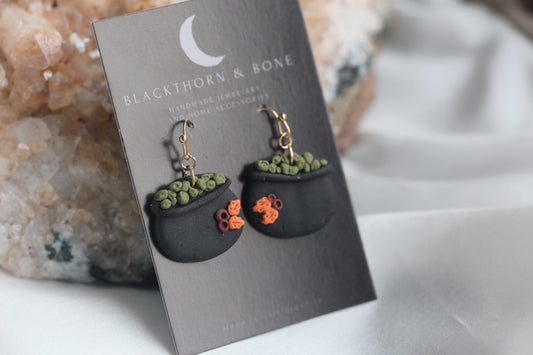 Handmade Witch Cauldron Earrings with Leaf and Berry Design