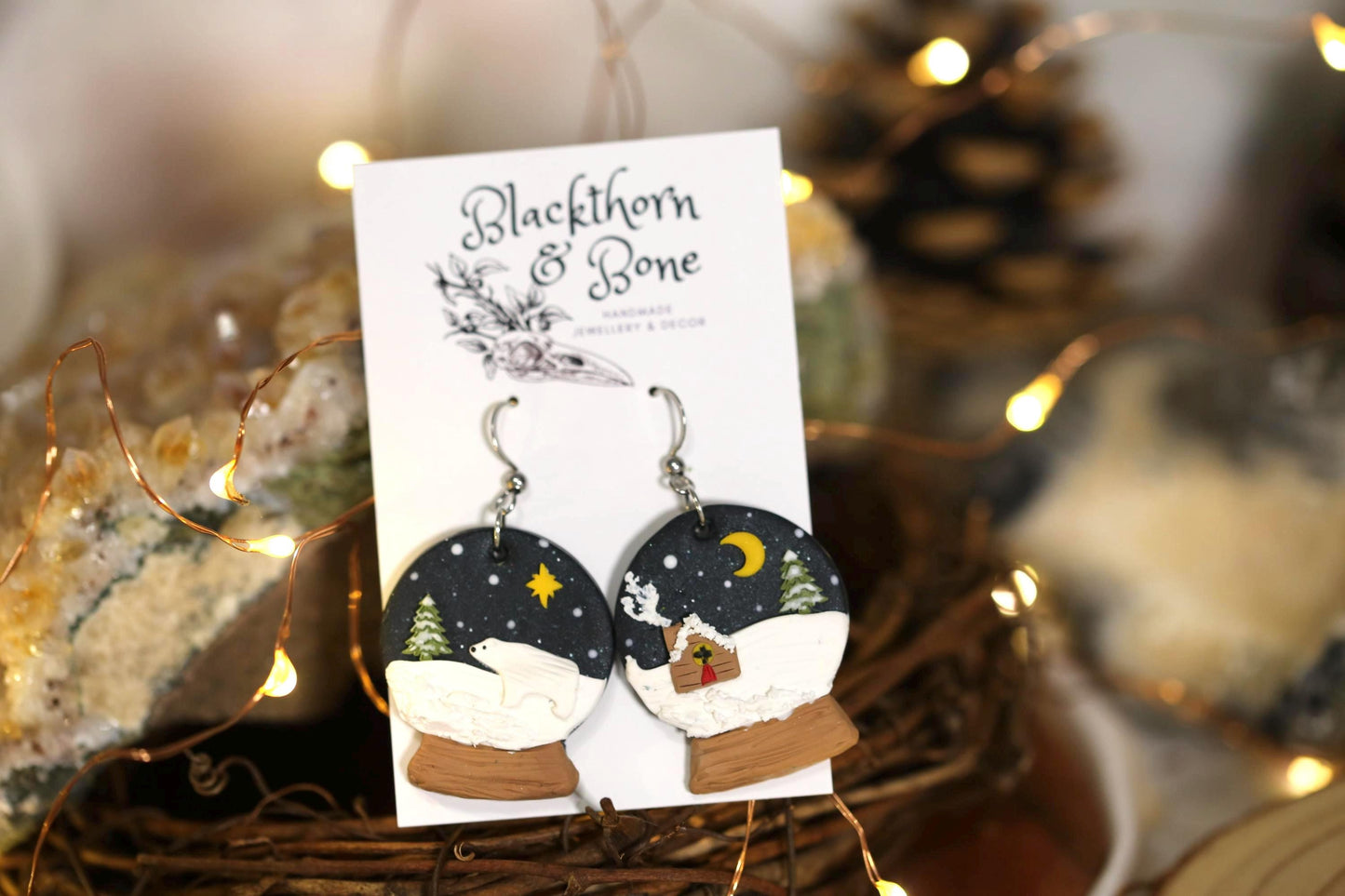 Snowglobe with Cabin and Polar Bear Earrings