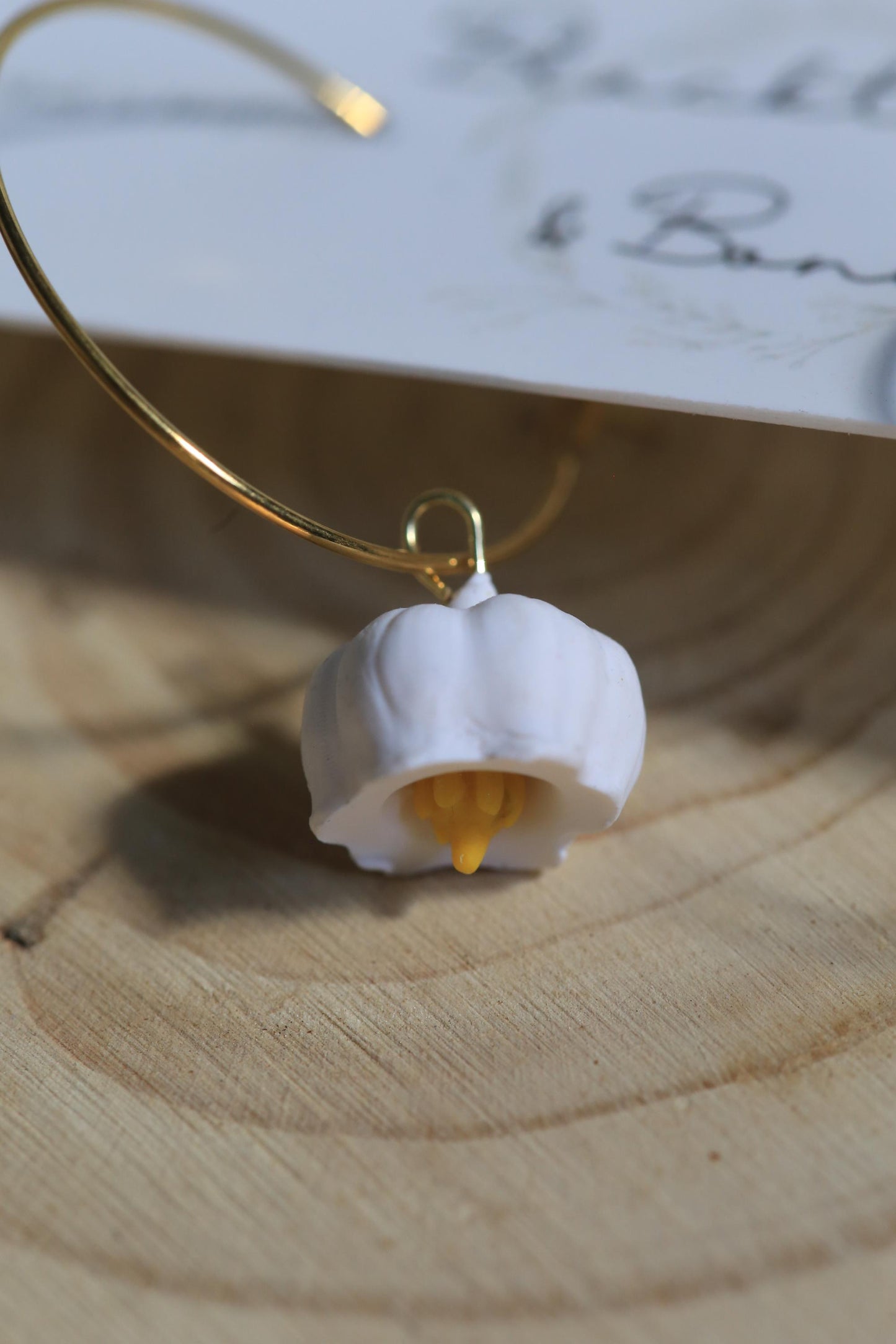 White Lily of the Valley Clay Hoop Earrings with Gold Steel Hoop