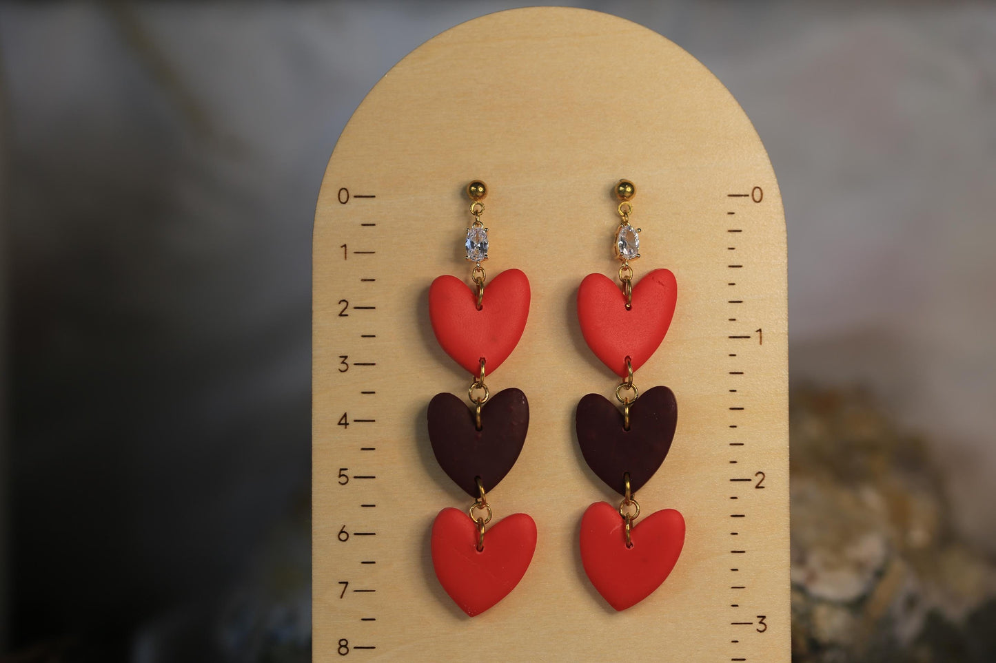 Statement Dangle Heart Earrings with Cubic Zirconia and Brass Studs