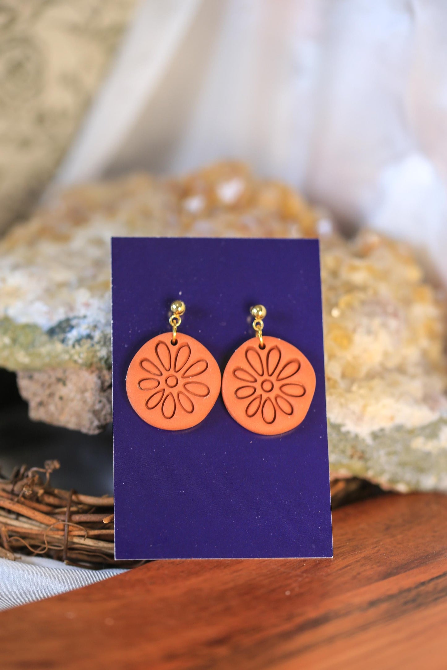 Simple Boho Terracotta Polymer Clay Earrings - Handmade Brown Earrings with Embossed Pattern