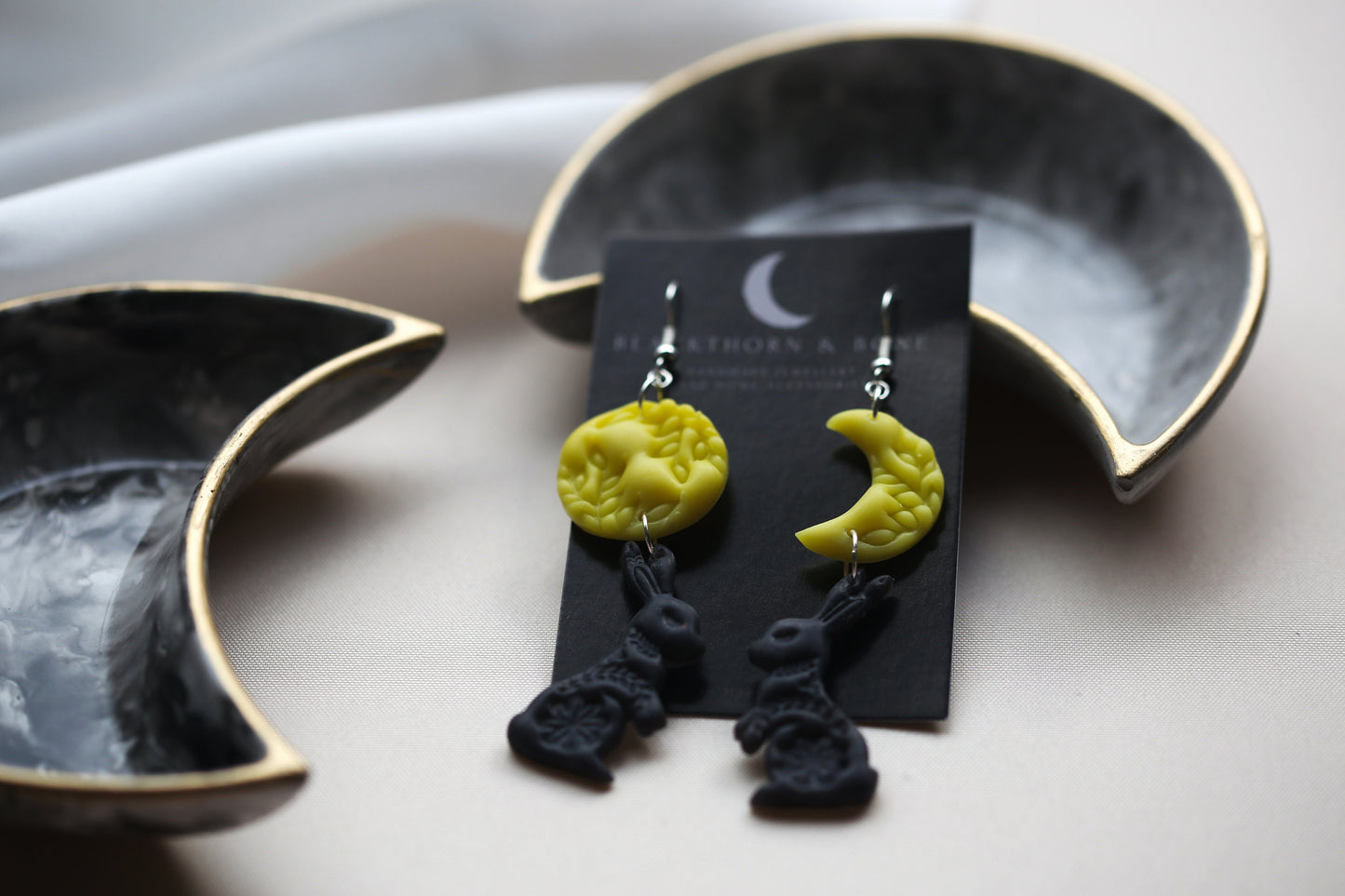 Hare and Moon Asymmetrical Earrings