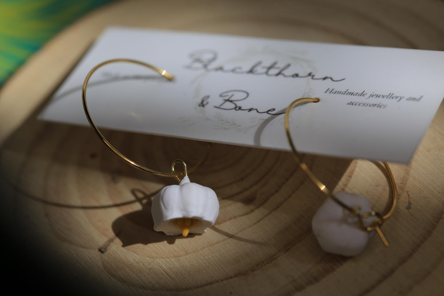White Lily of the Valley Clay Hoop Earrings with Gold Steel Hoop