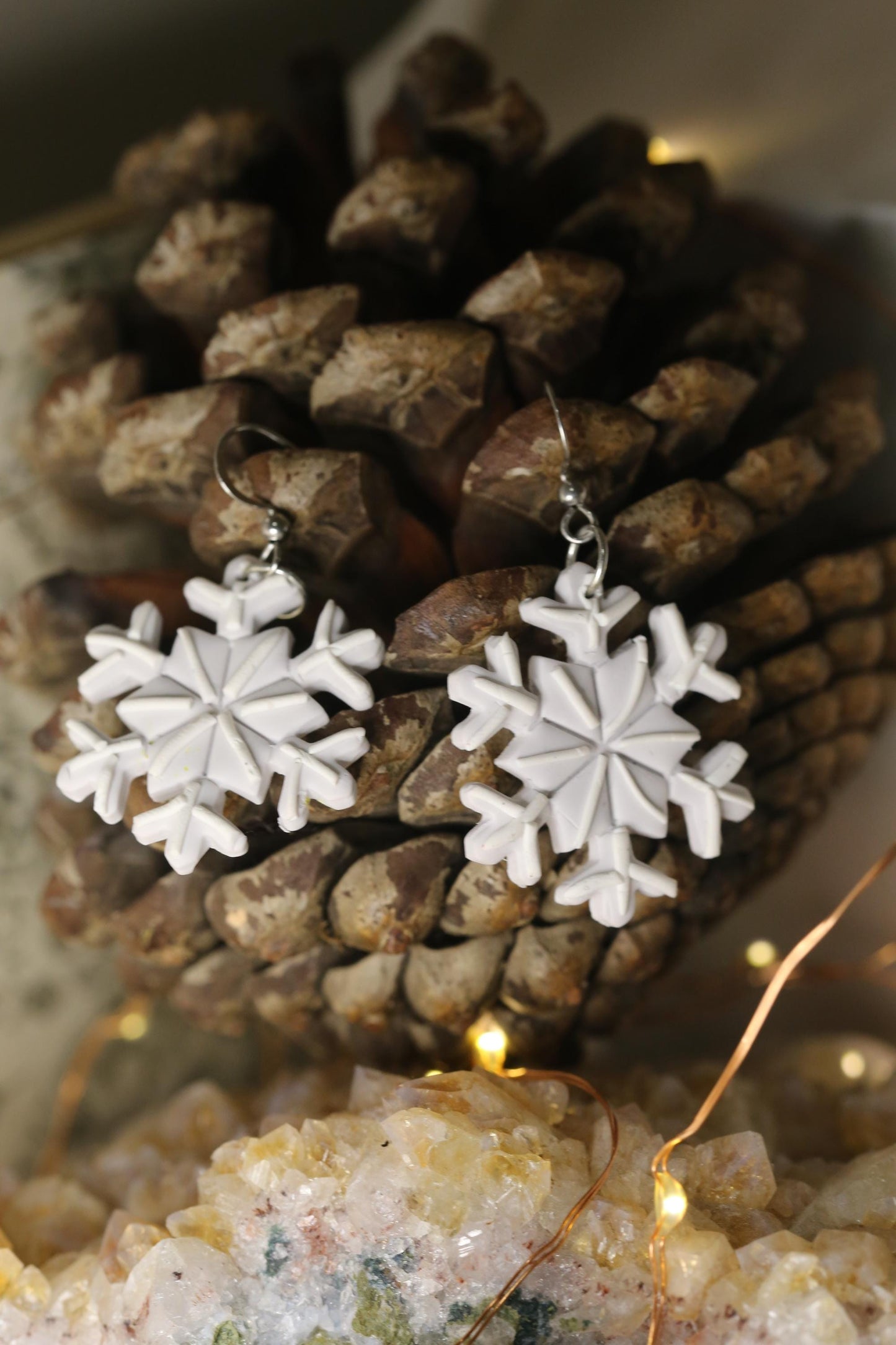 Handmade Detailed Snowflake Earrings - Polymer Clay Jewelry for Christmas, Winter and Yule Jewellery