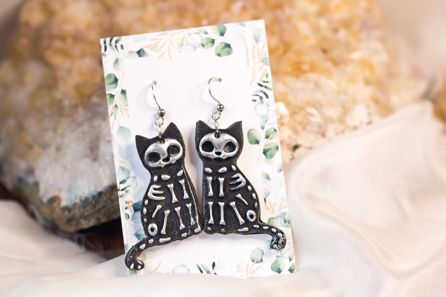 Black and Silver Skeleton Cat Earrings