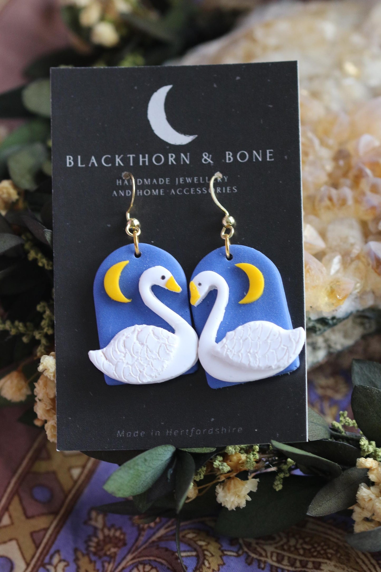 Blue Moon and Swans Earrings