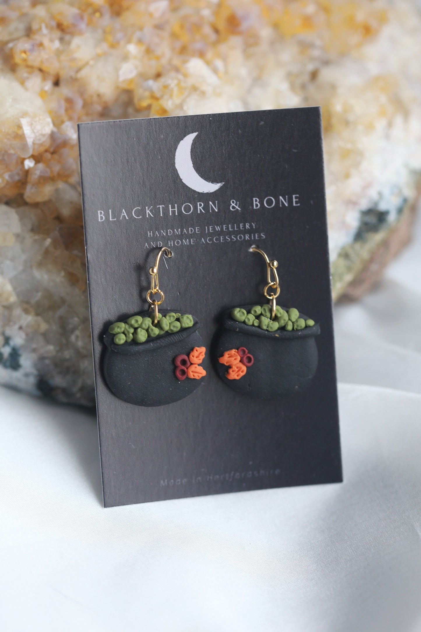 Handmade Witch Cauldron Earrings with Leaf and Berry Design